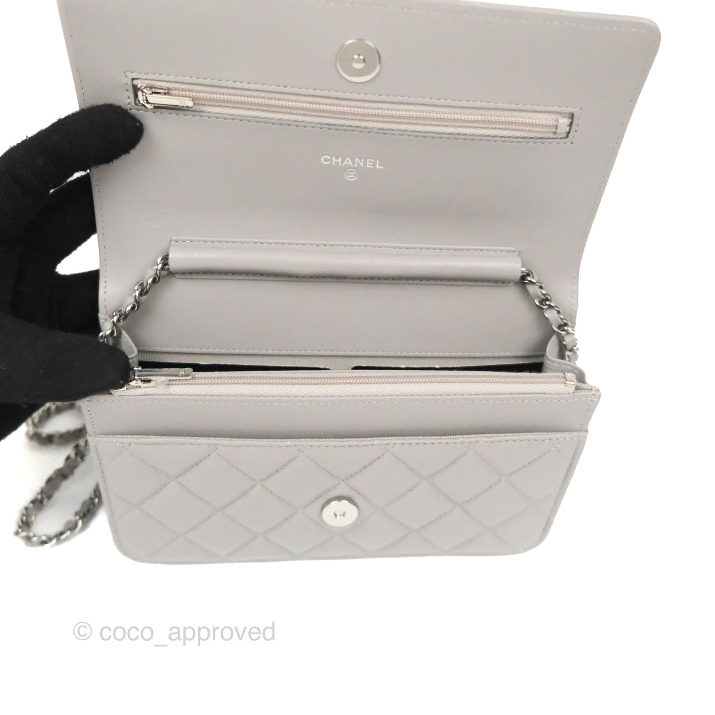 Chanel Quilted Classic Wallet on Chain WOC Grey Lambskin Silver Hardware