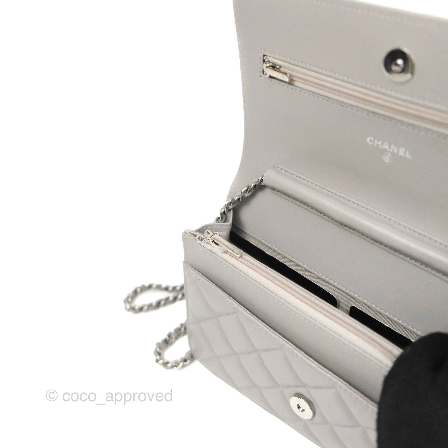 Chanel Quilted Classic Wallet on Chain WOC Grey Lambskin Silver Hardware