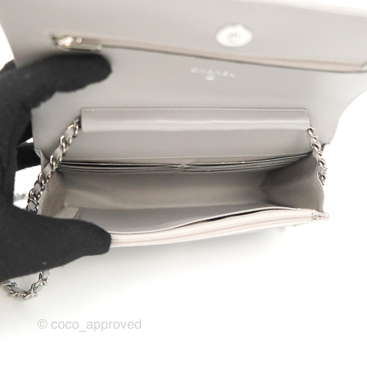 Chanel Quilted Classic Wallet on Chain WOC Grey Lambskin Silver Hardware