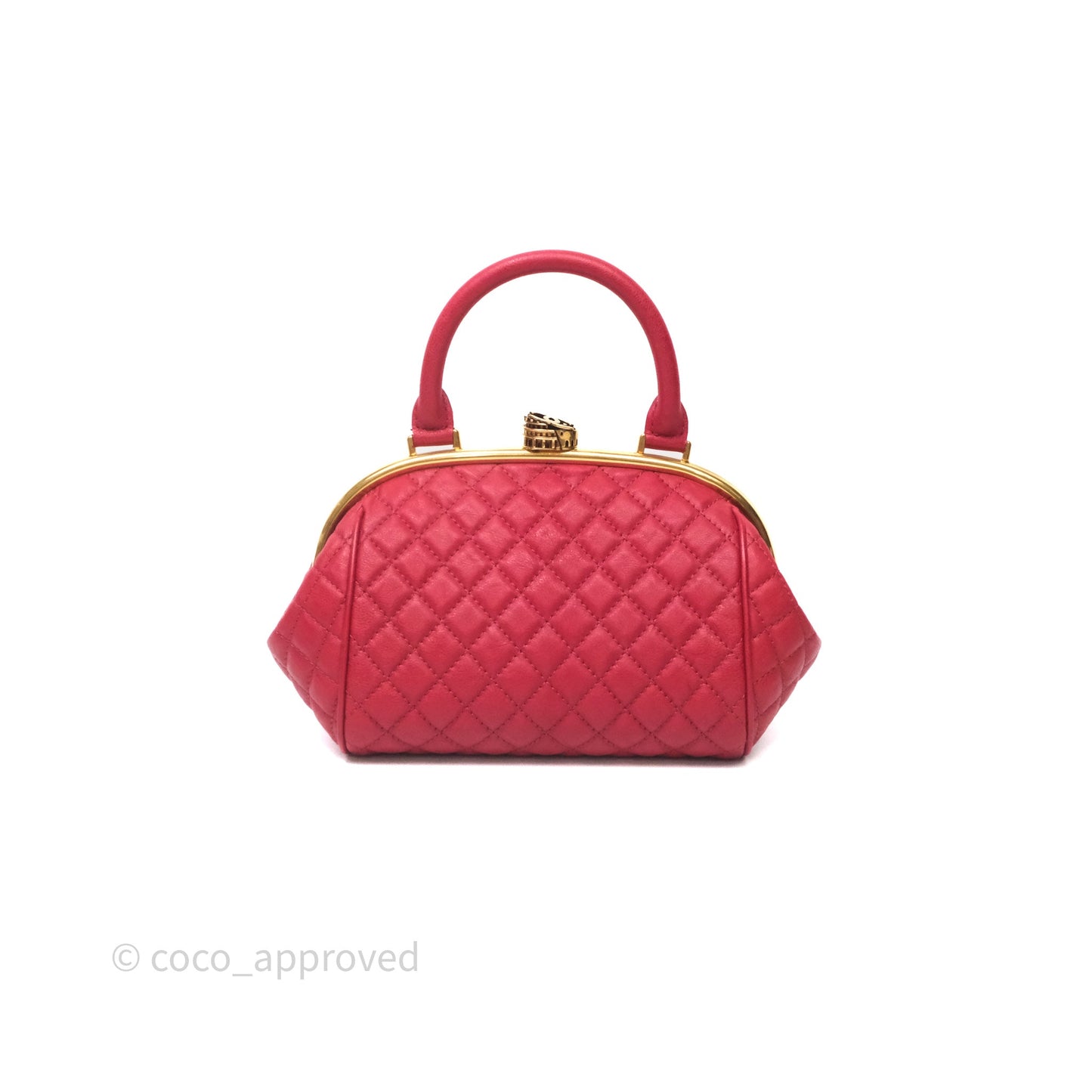 Chanel Quilted Kisslock Handbag With Chain Red Calfskin Gold Hardware