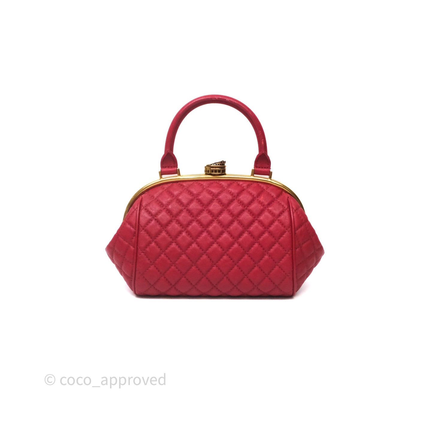 Chanel Quilted Kisslock Handbag With Chain Red Calfskin Gold Hardware