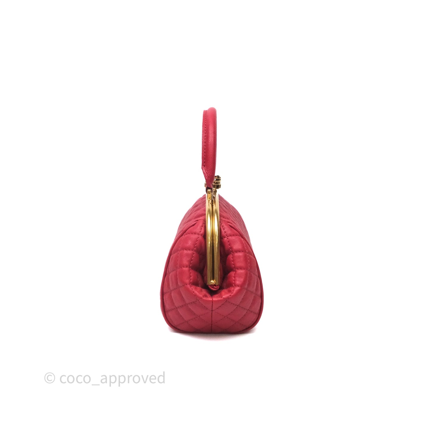 Chanel Quilted Kisslock Handbag With Chain Red Calfskin Gold Hardware