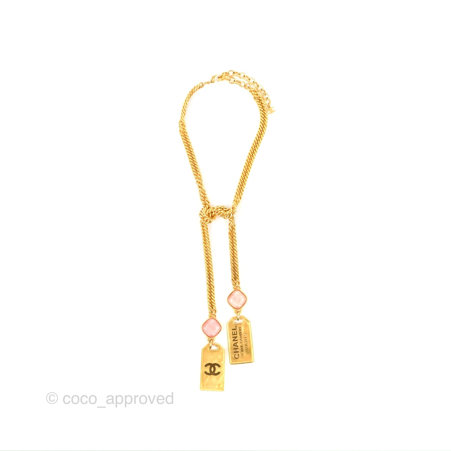 Chanel Gold Metal and Pink Gripoix Dog Tag ID Necklace