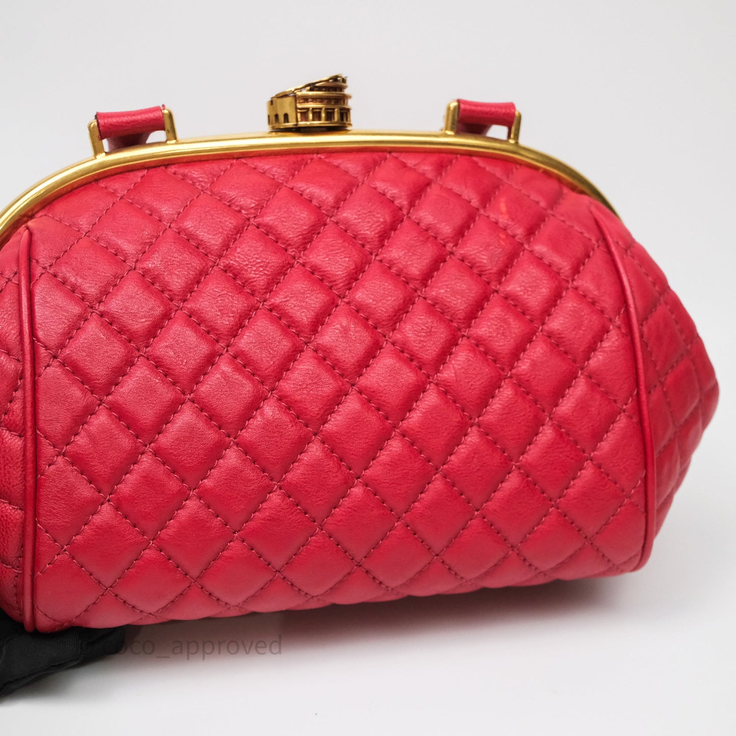 Chanel Quilted Kisslock Handbag With Chain Red Calfskin Gold Hardware