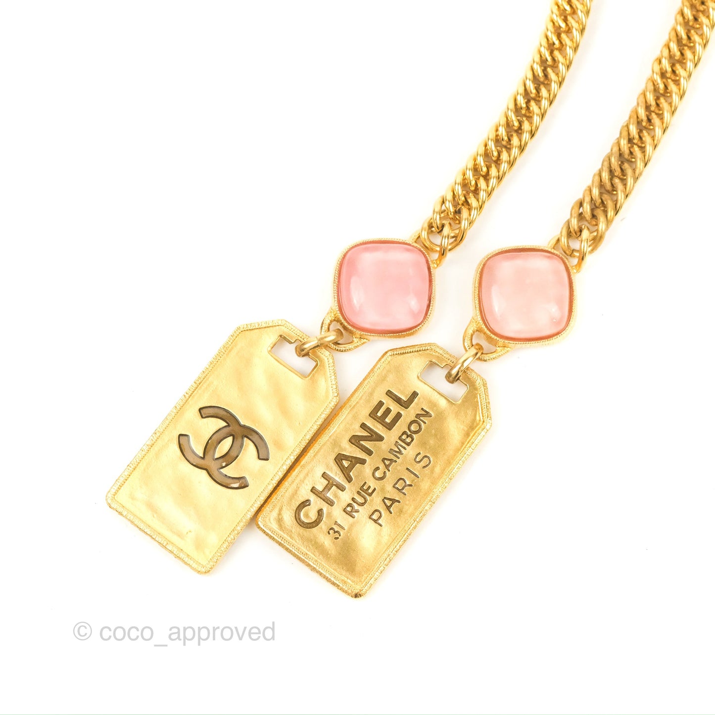 Chanel Gold Metal and Pink Gripoix Dog Tag ID Necklace