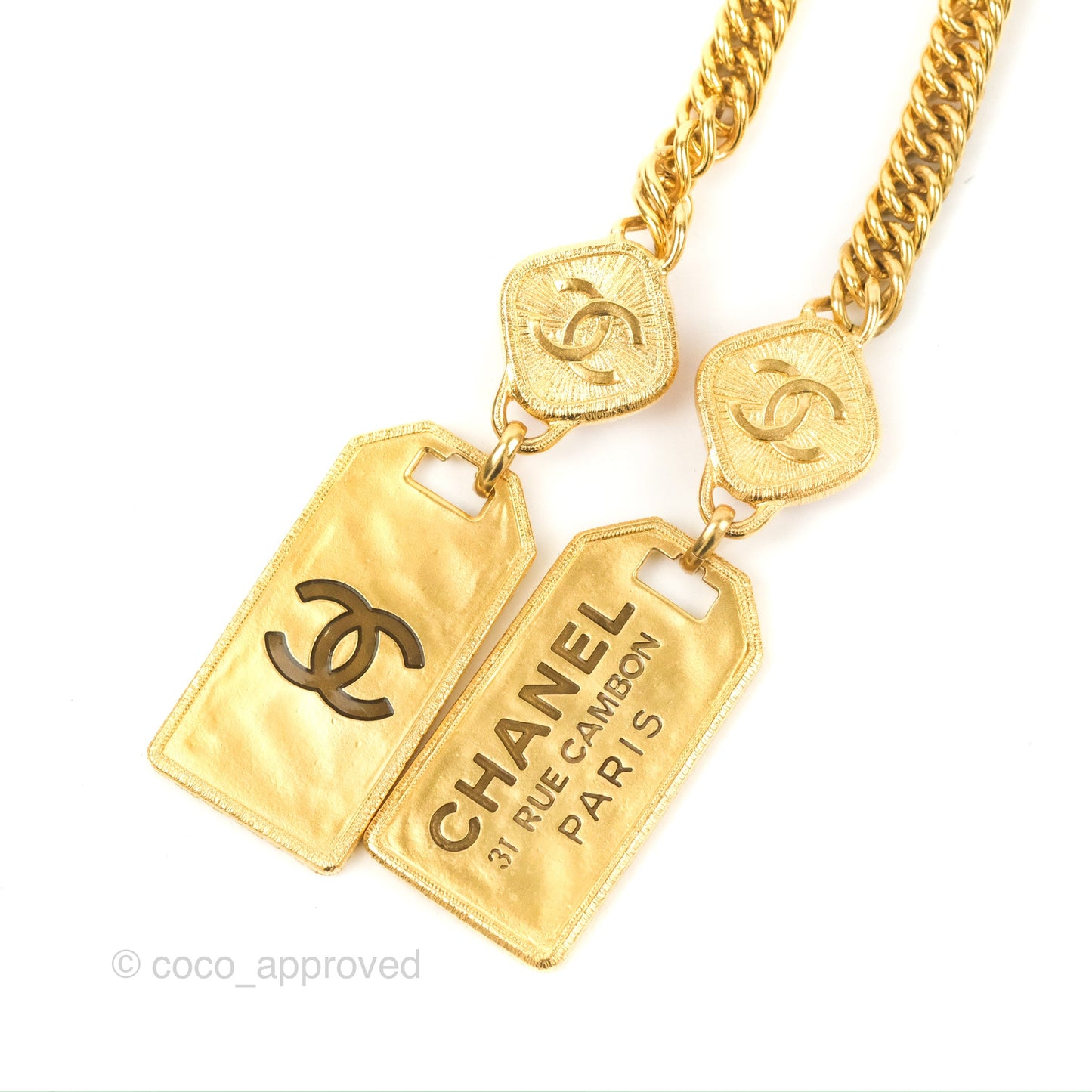 Chanel Gold Metal and Pink Gripoix Dog Tag ID Necklace