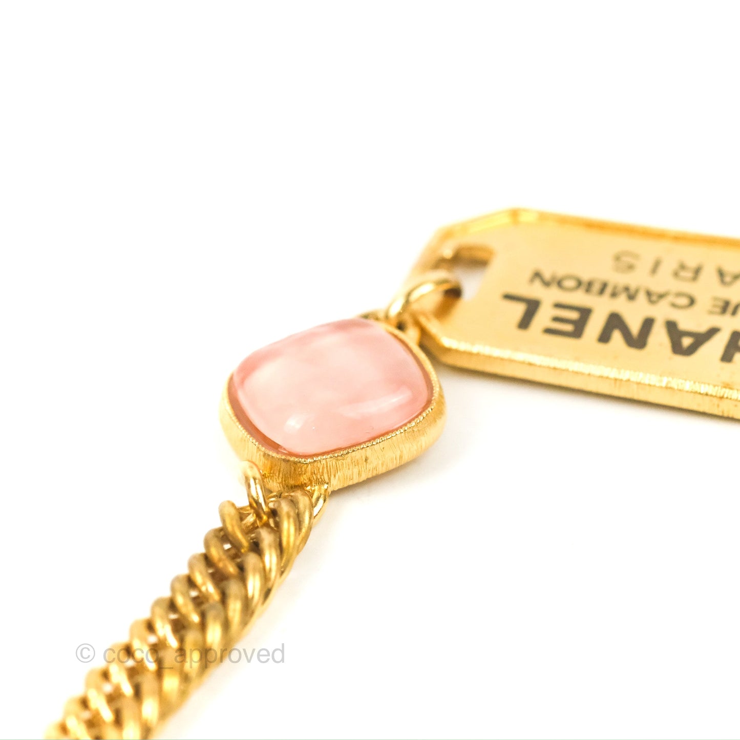 Chanel Gold Metal and Pink Gripoix Dog Tag ID Necklace