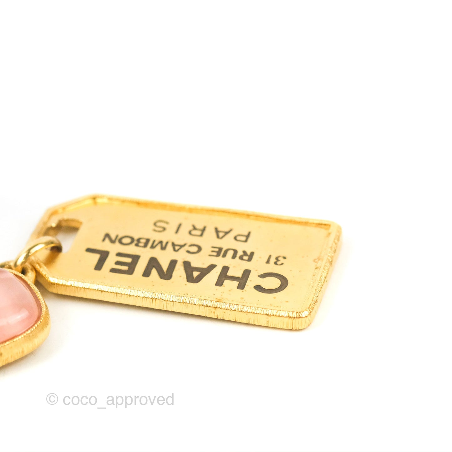 Chanel Gold Metal and Pink Gripoix Dog Tag ID Necklace