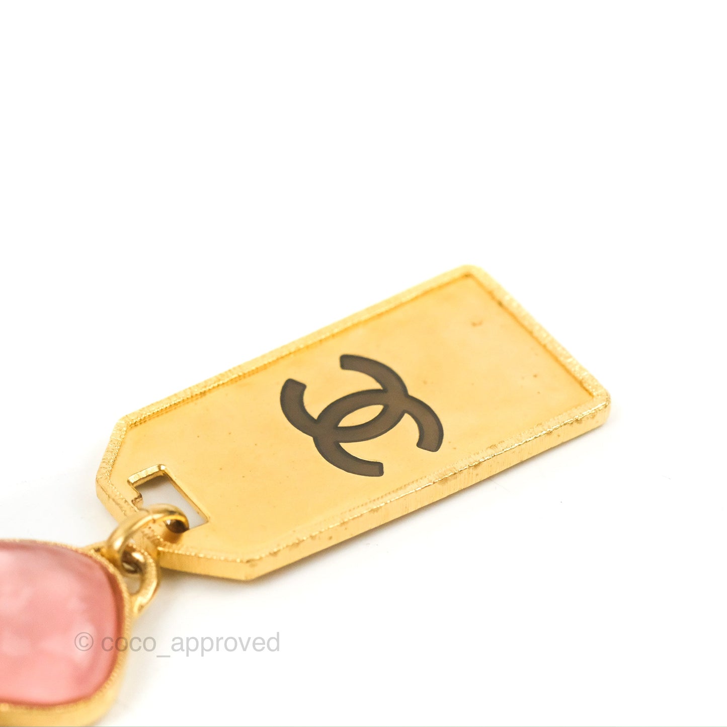 Chanel Gold Metal and Pink Gripoix Dog Tag ID Necklace