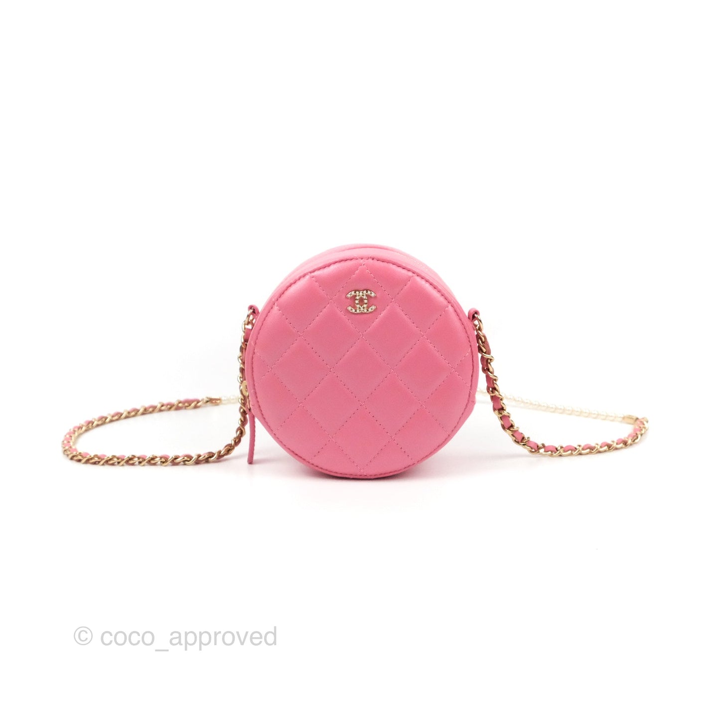 Chanel Quilted Round Clutch With Pearl Chain Iridescent Pink Lambskin Gold Hardware