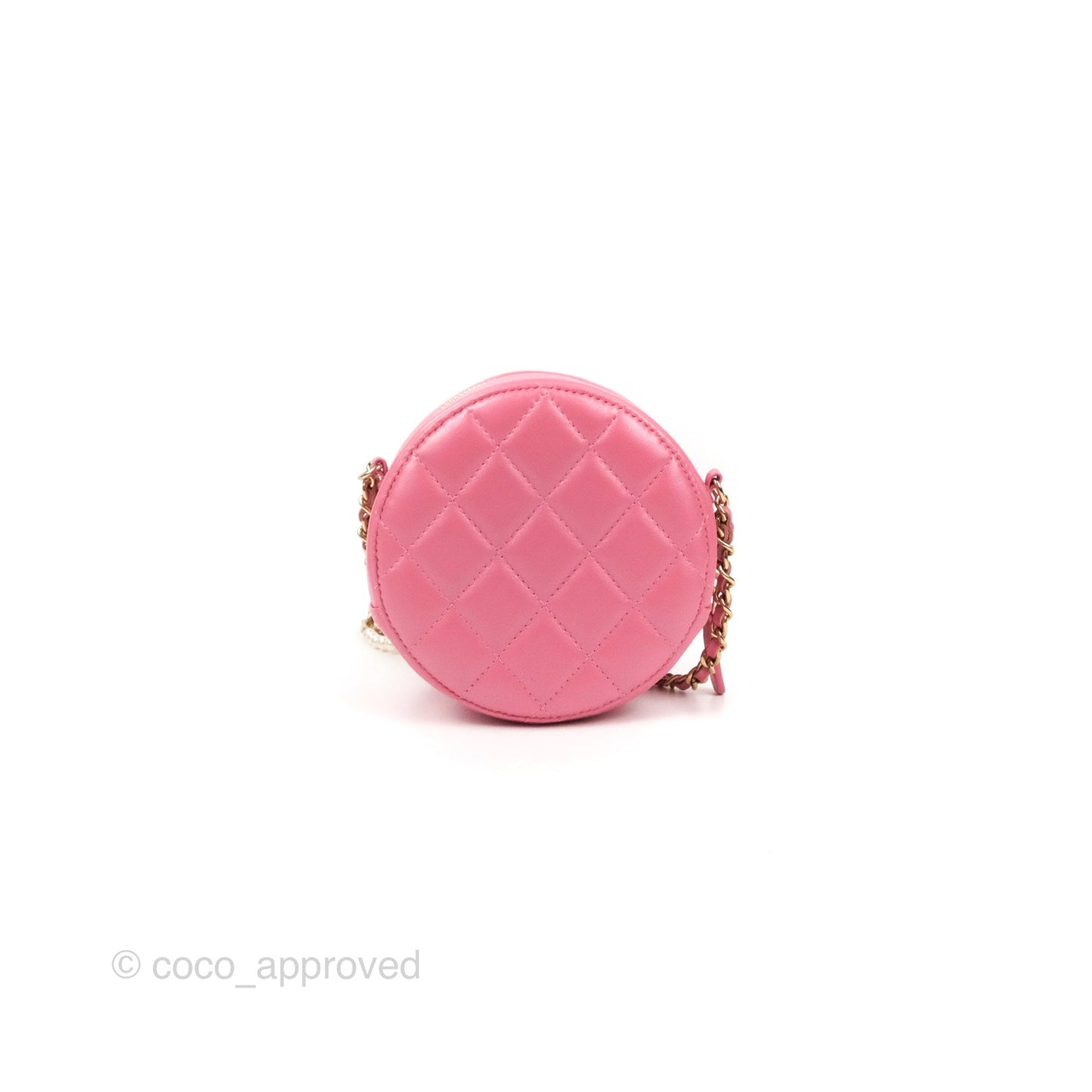 Chanel Quilted Round Clutch With Pearl Chain Iridescent Pink Lambskin Gold Hardware