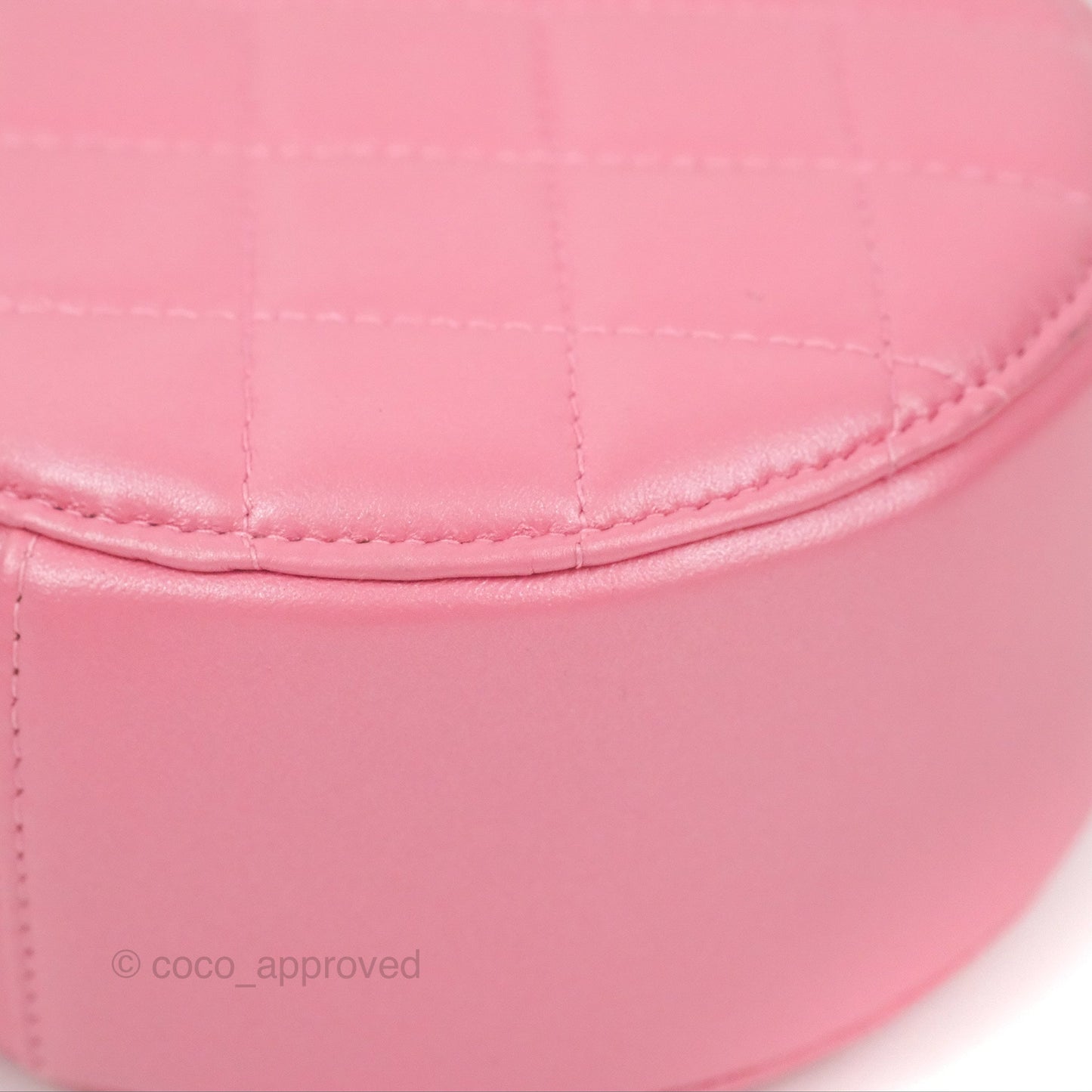 Chanel Quilted Round Clutch With Pearl Chain Iridescent Pink Lambskin Gold Hardware