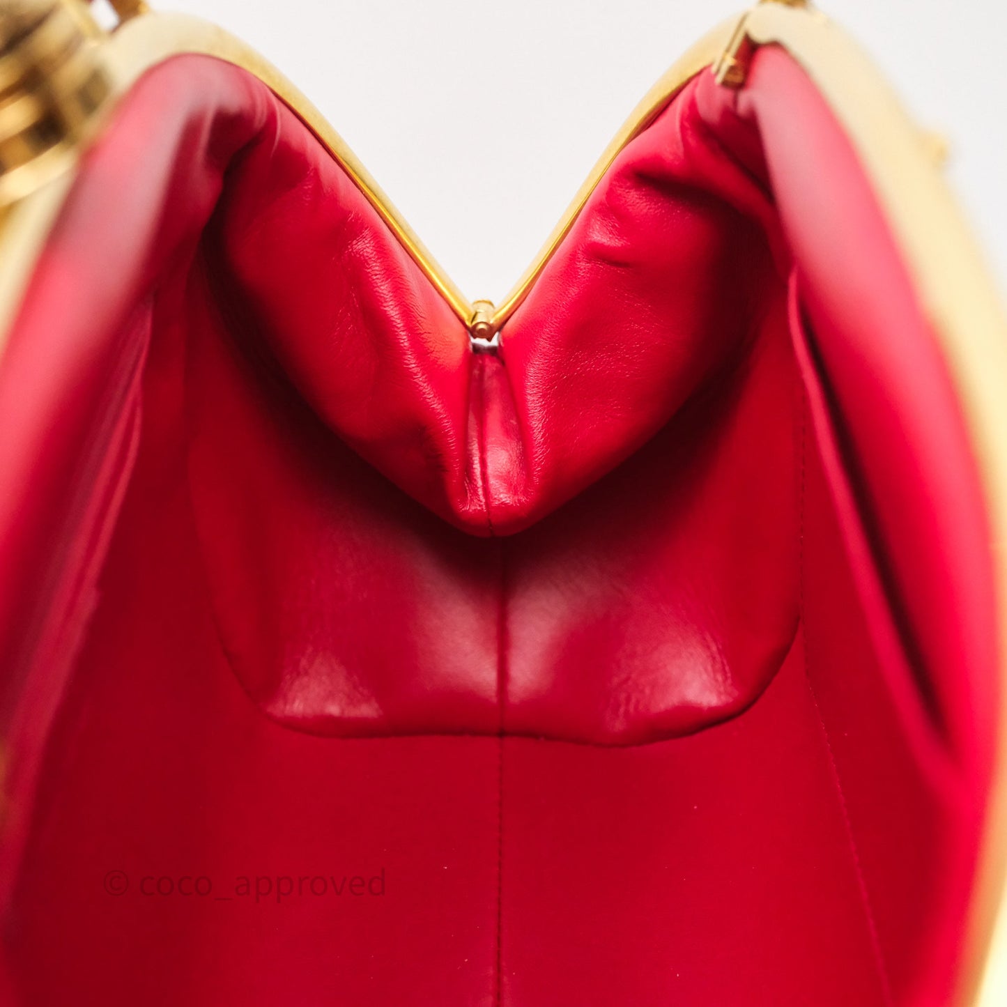 Chanel Quilted Kisslock Handbag With Chain Red Calfskin Gold Hardware
