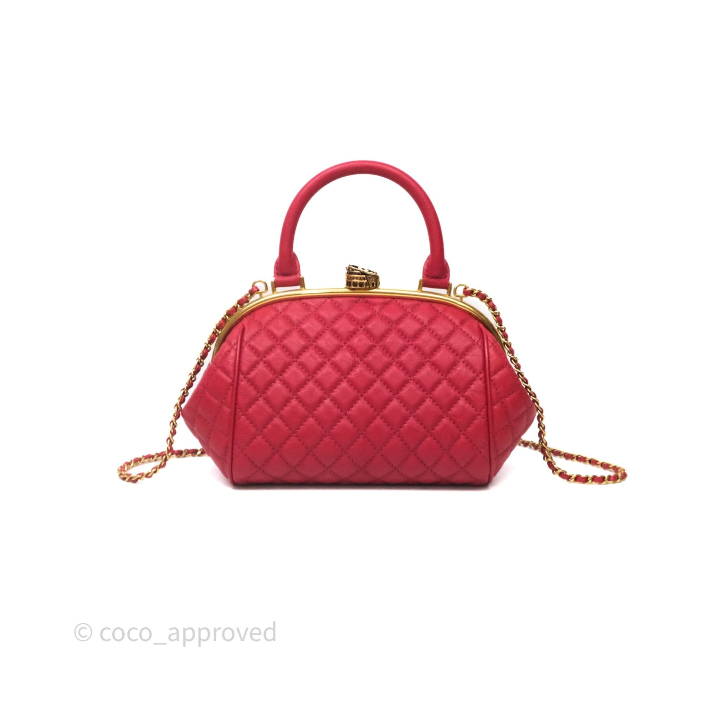 Chanel Quilted Kisslock Handbag With Chain Red Calfskin Gold Hardware