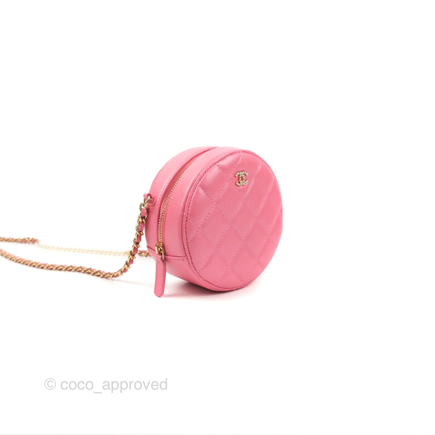 Chanel Quilted Round Clutch With Pearl Chain Iridescent Pink Lambskin Gold Hardware