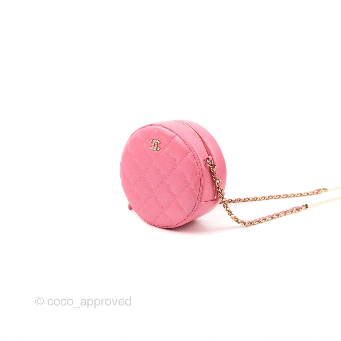Chanel Quilted Round Clutch With Pearl Chain Iridescent Pink Lambskin Gold Hardware