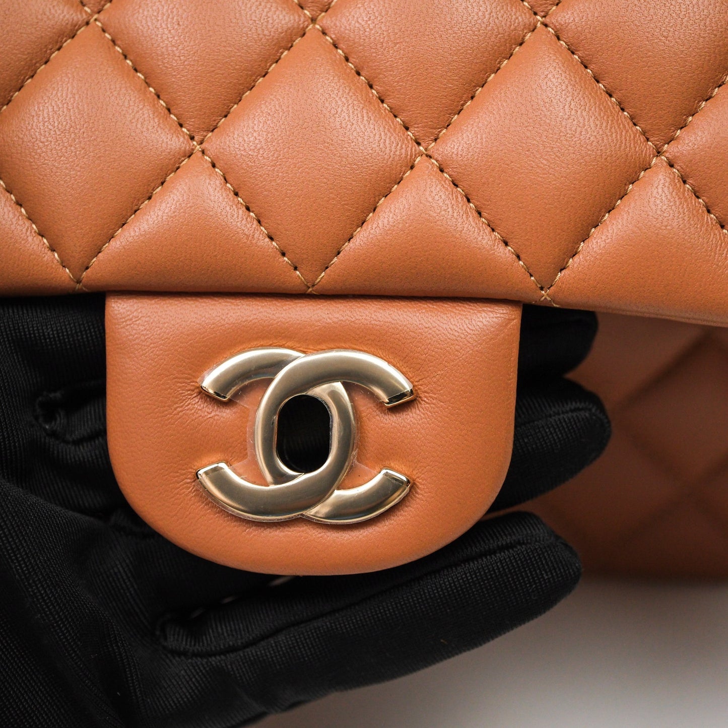 Chanel Classic M/L Medium Flap Quilted Dark Beige Caramel Lambskin Gold Hardware