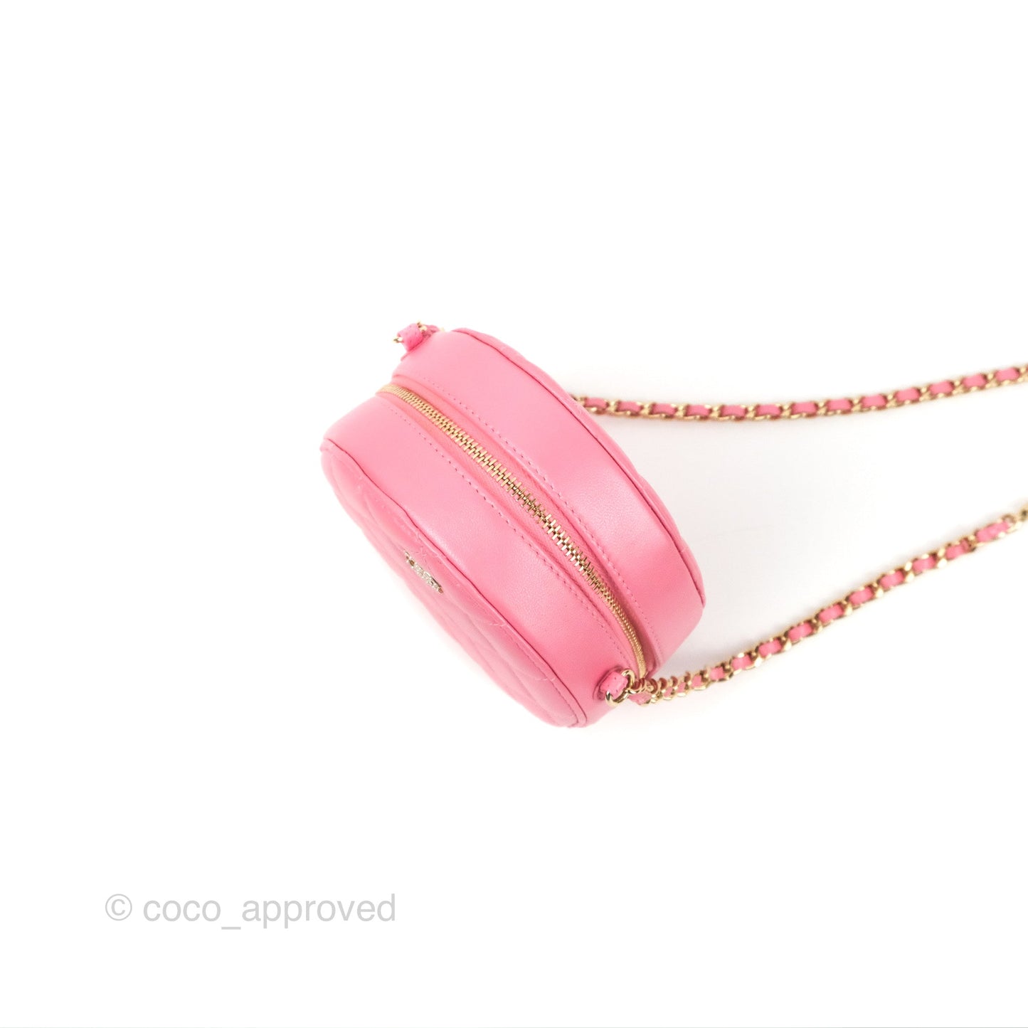Chanel Quilted Round Clutch With Pearl Chain Iridescent Pink Lambskin Gold Hardware