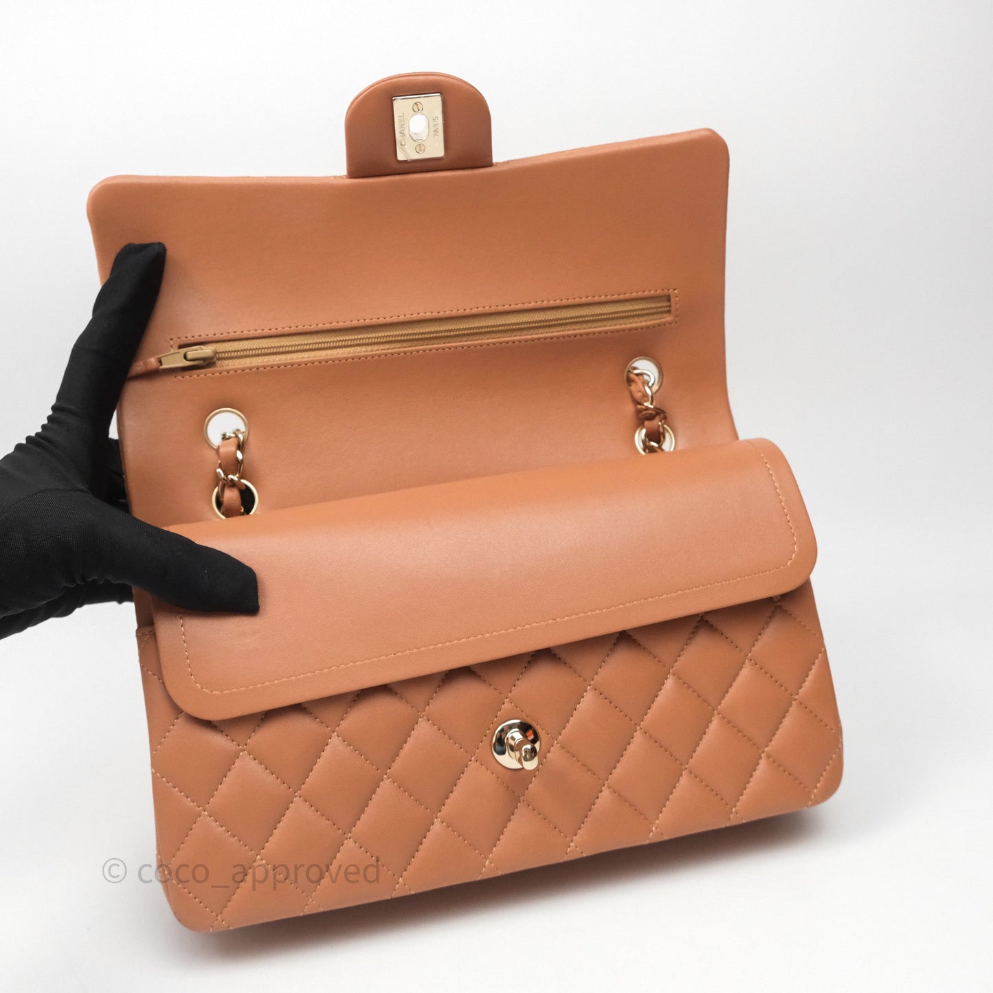 Chanel Classic M/L Medium Flap Quilted Dark Beige Caramel Lambskin Gold Hardware