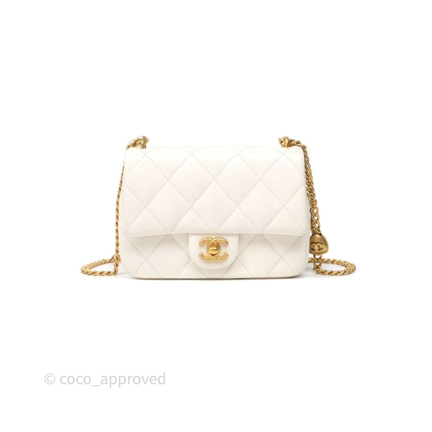 Chanel Mini Flap Bag Heart Adjustable Chain White Caviar Aged Gold Hardware