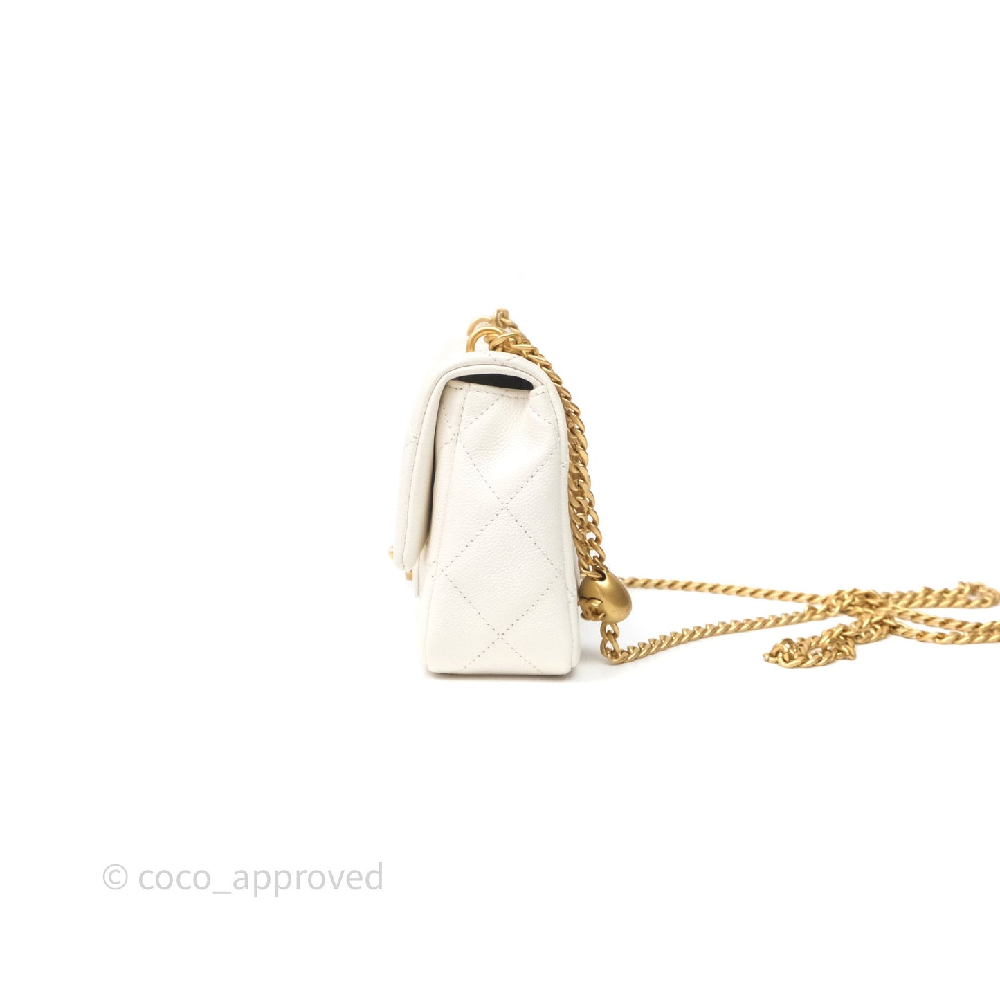 Chanel Mini Flap Bag Heart Adjustable Chain White Caviar Aged Gold Hardware