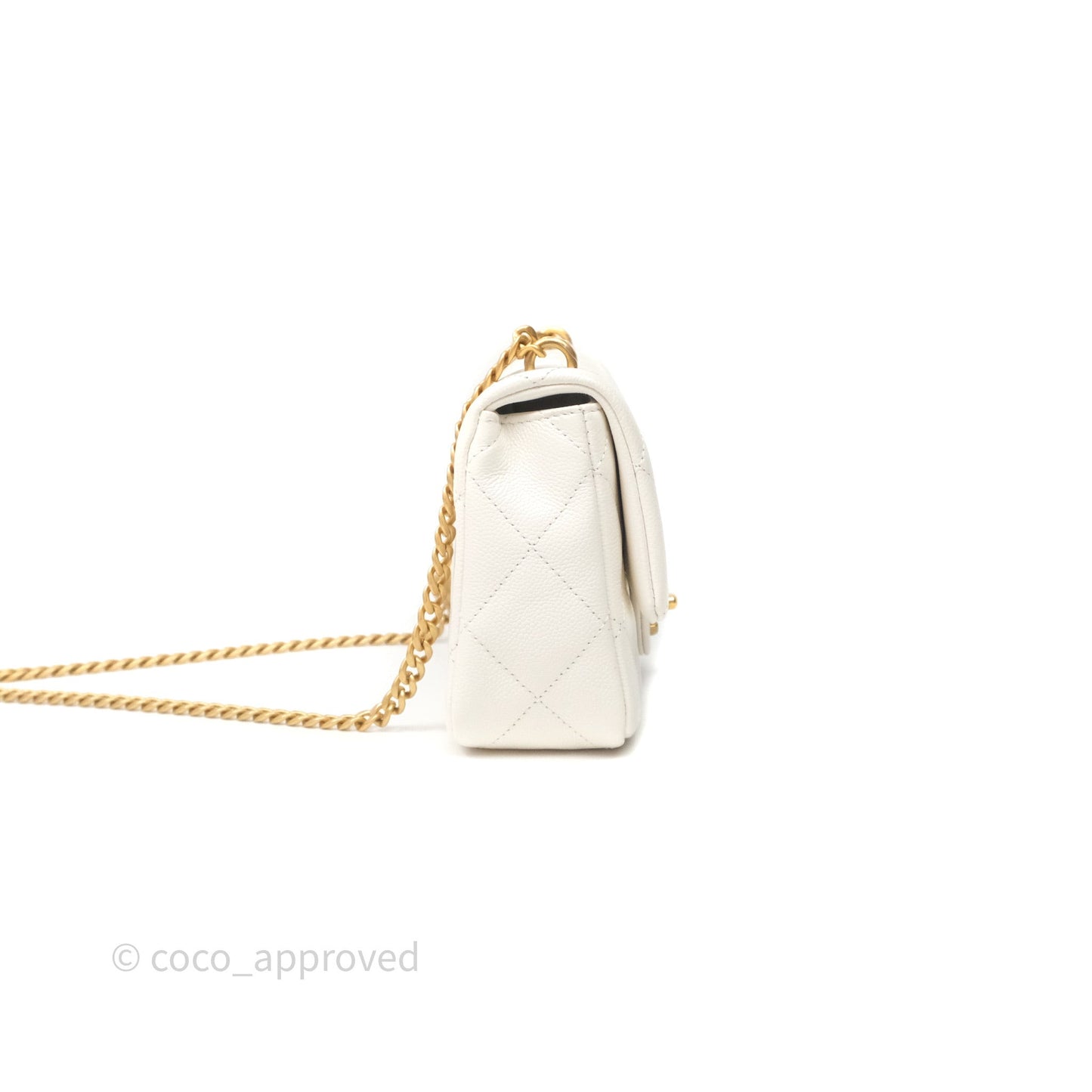 Chanel Mini Flap Bag Heart Adjustable Chain White Caviar Aged Gold Hardware
