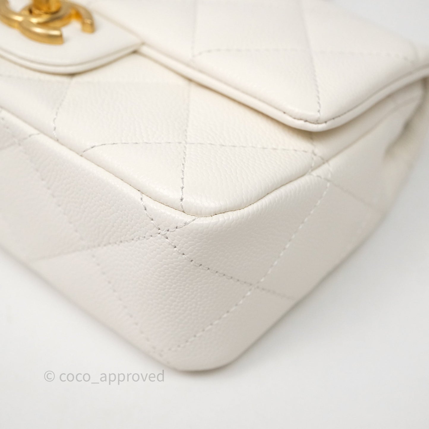 Chanel Mini Flap Bag Heart Adjustable Chain White Caviar Aged Gold Hardware