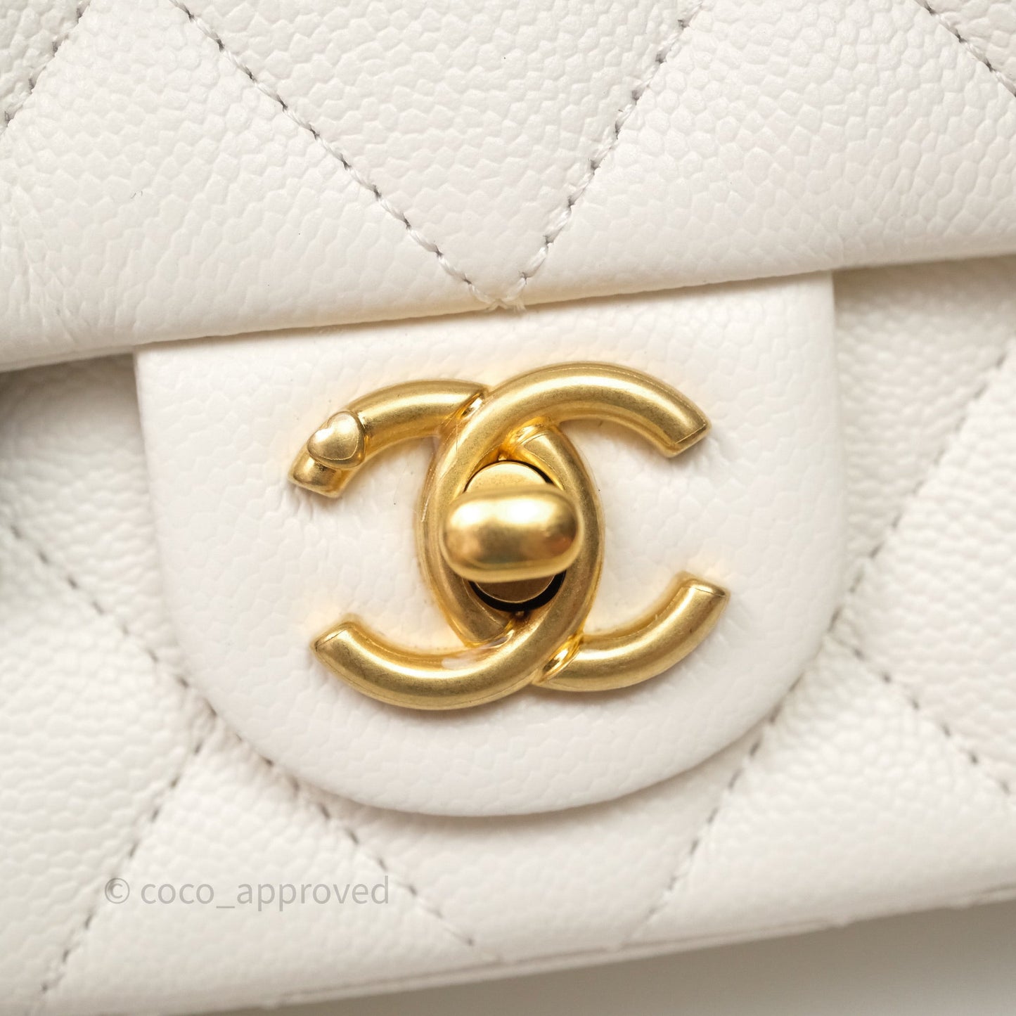 Chanel Mini Flap Bag Heart Adjustable Chain White Caviar Aged Gold Hardware