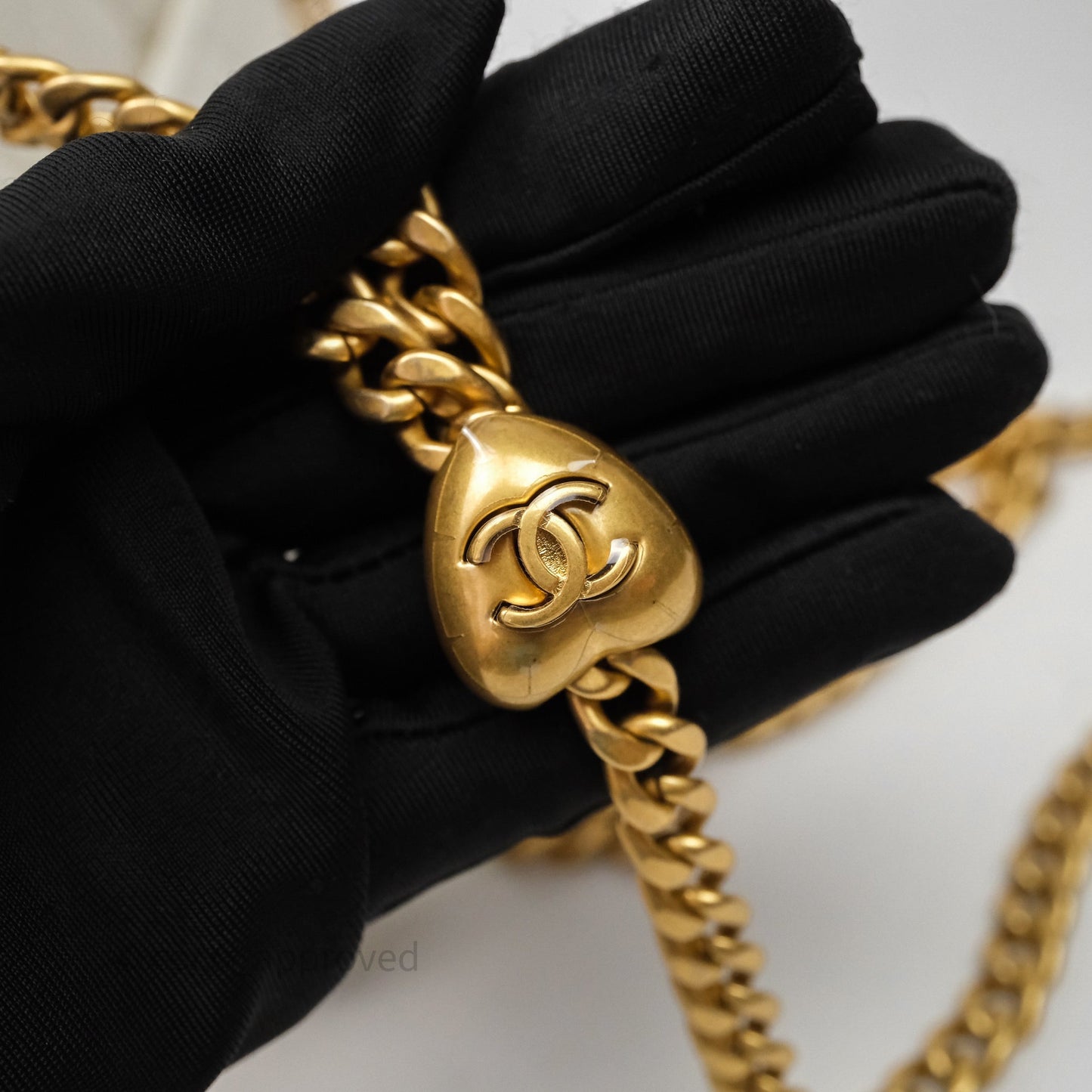 Chanel Mini Flap Bag Heart Adjustable Chain White Caviar Aged Gold Hardware
