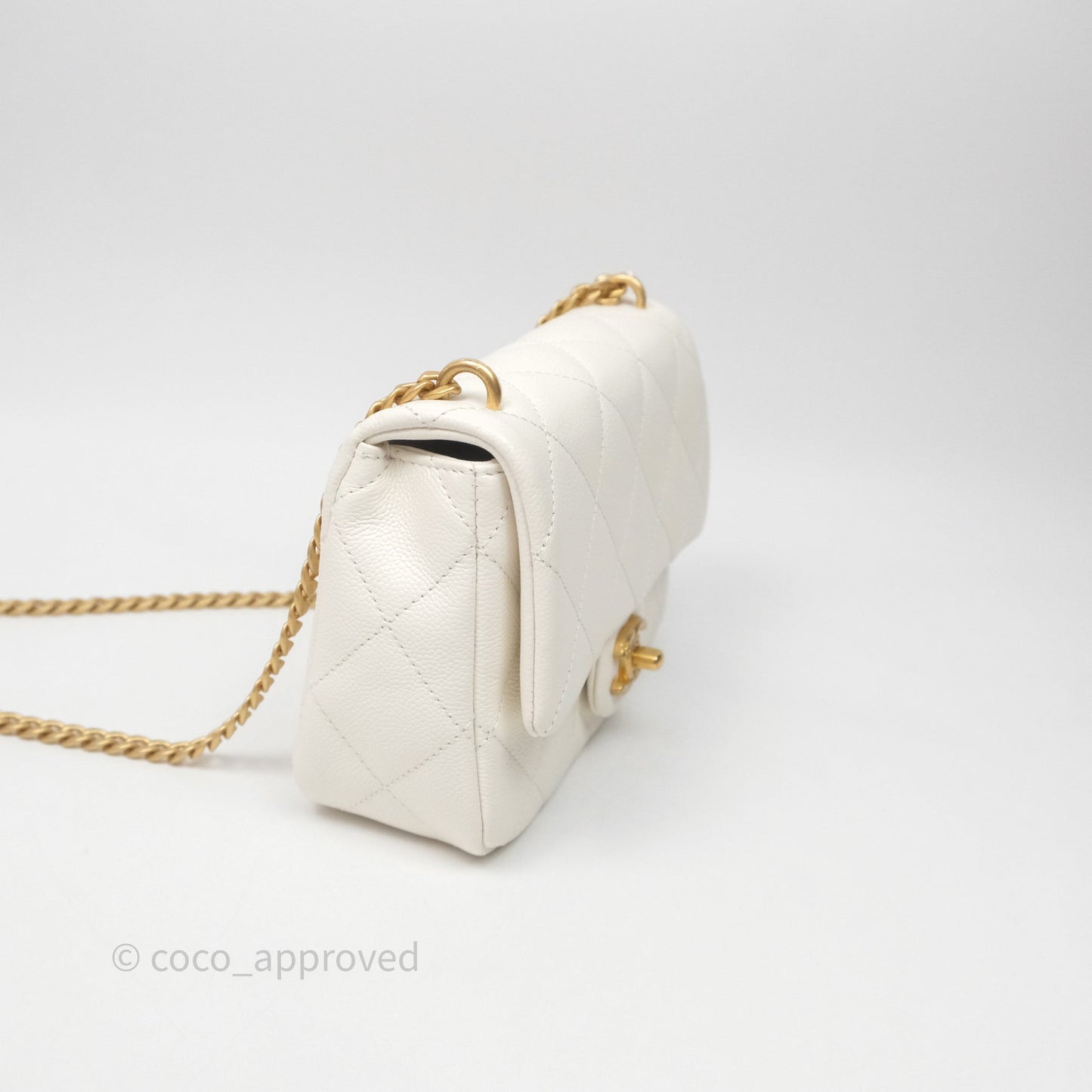 Chanel Mini Flap Bag Heart Adjustable Chain White Caviar Aged Gold Hardware