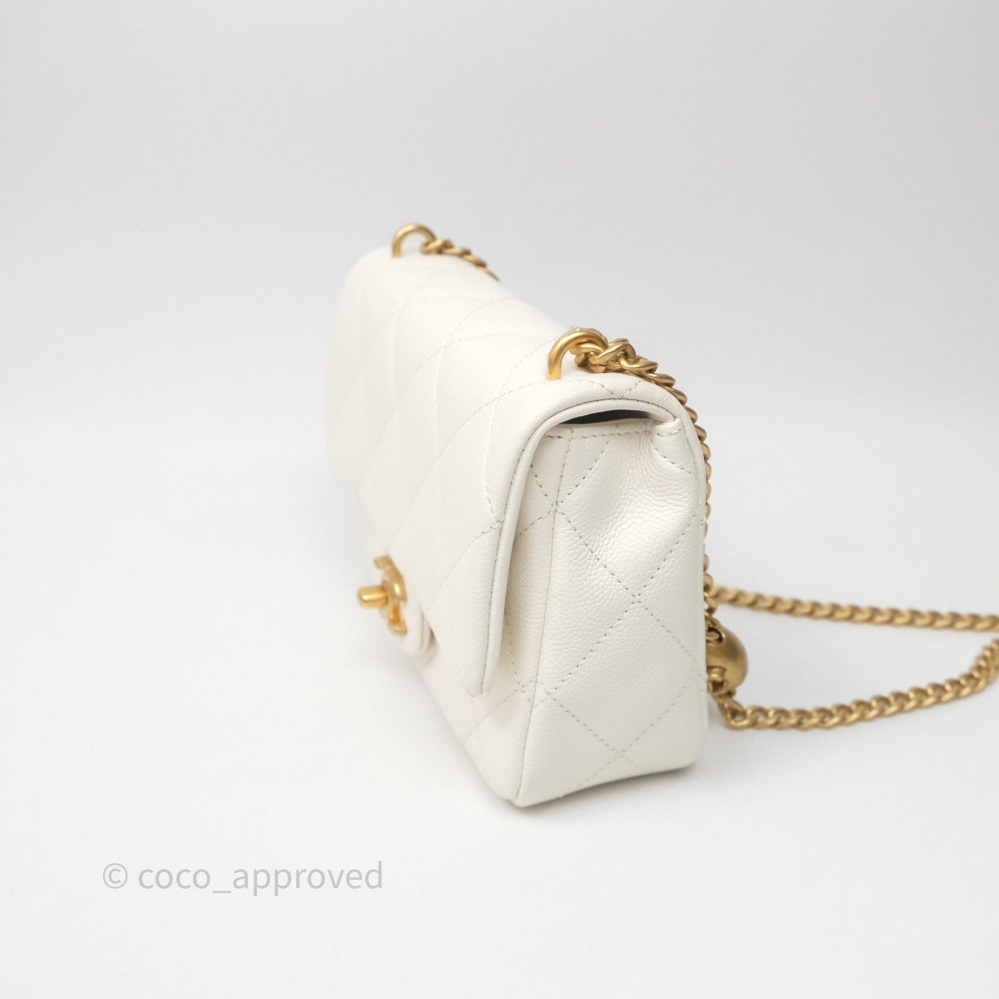 Chanel Mini Flap Bag Heart Adjustable Chain White Caviar Aged Gold Hardware