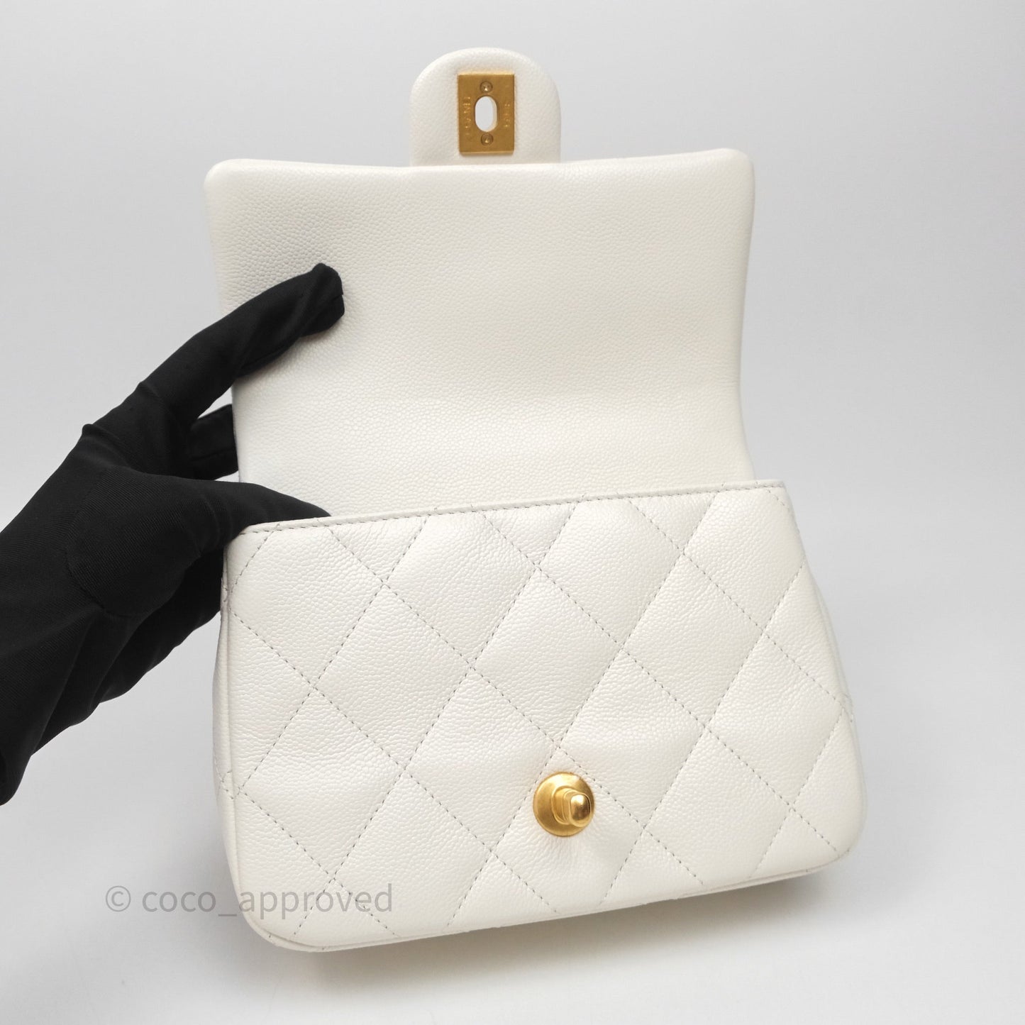 Chanel Mini Flap Bag Heart Adjustable Chain White Caviar Aged Gold Hardware