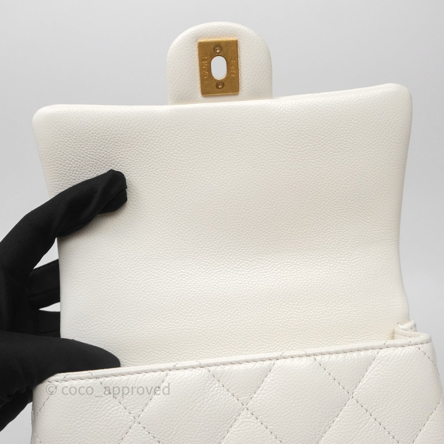 Chanel Mini Flap Bag Heart Adjustable Chain White Caviar Aged Gold Hardware