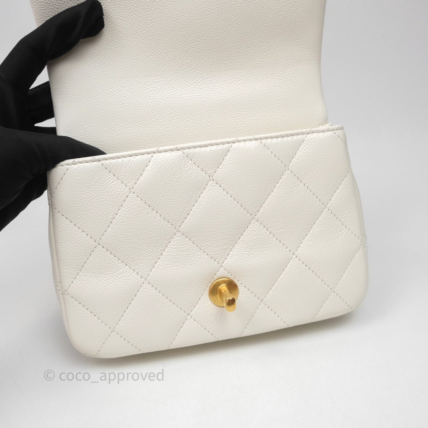 Chanel Mini Flap Bag Heart Adjustable Chain White Caviar Aged Gold Hardware