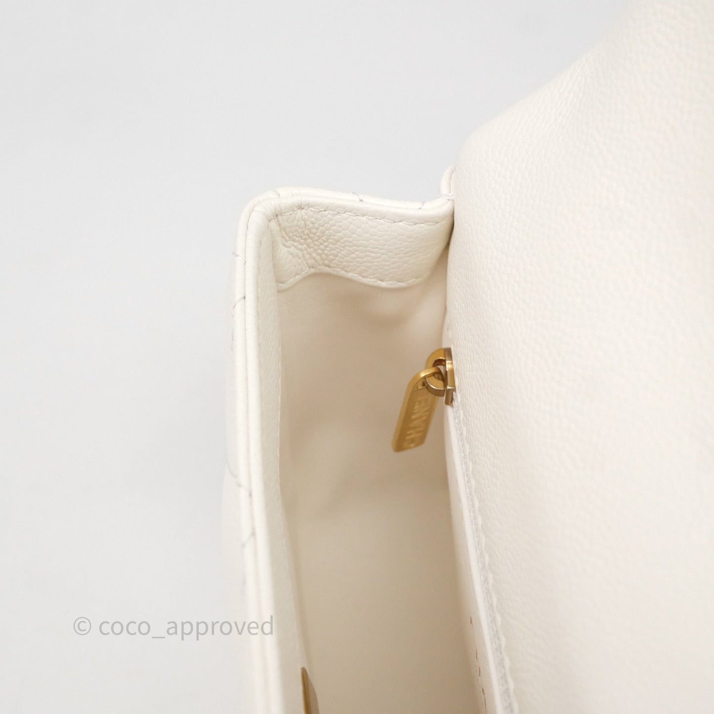 Chanel Mini Flap Bag Heart Adjustable Chain White Caviar Aged Gold Hardware