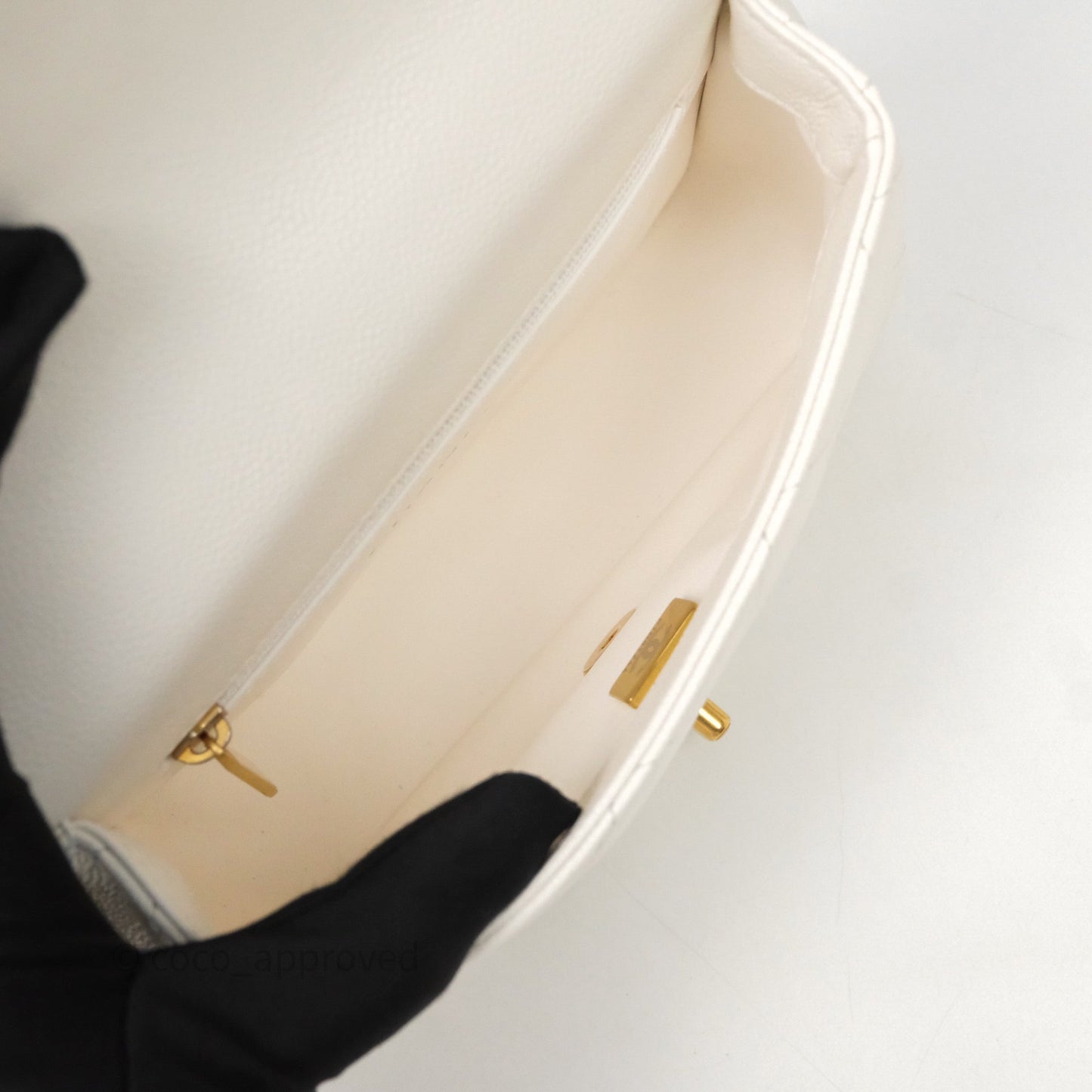 Chanel Mini Flap Bag Heart Adjustable Chain White Caviar Aged Gold Hardware