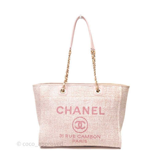 Chanel Medium Deauville Pink Glitter Raffia Gold Hardware