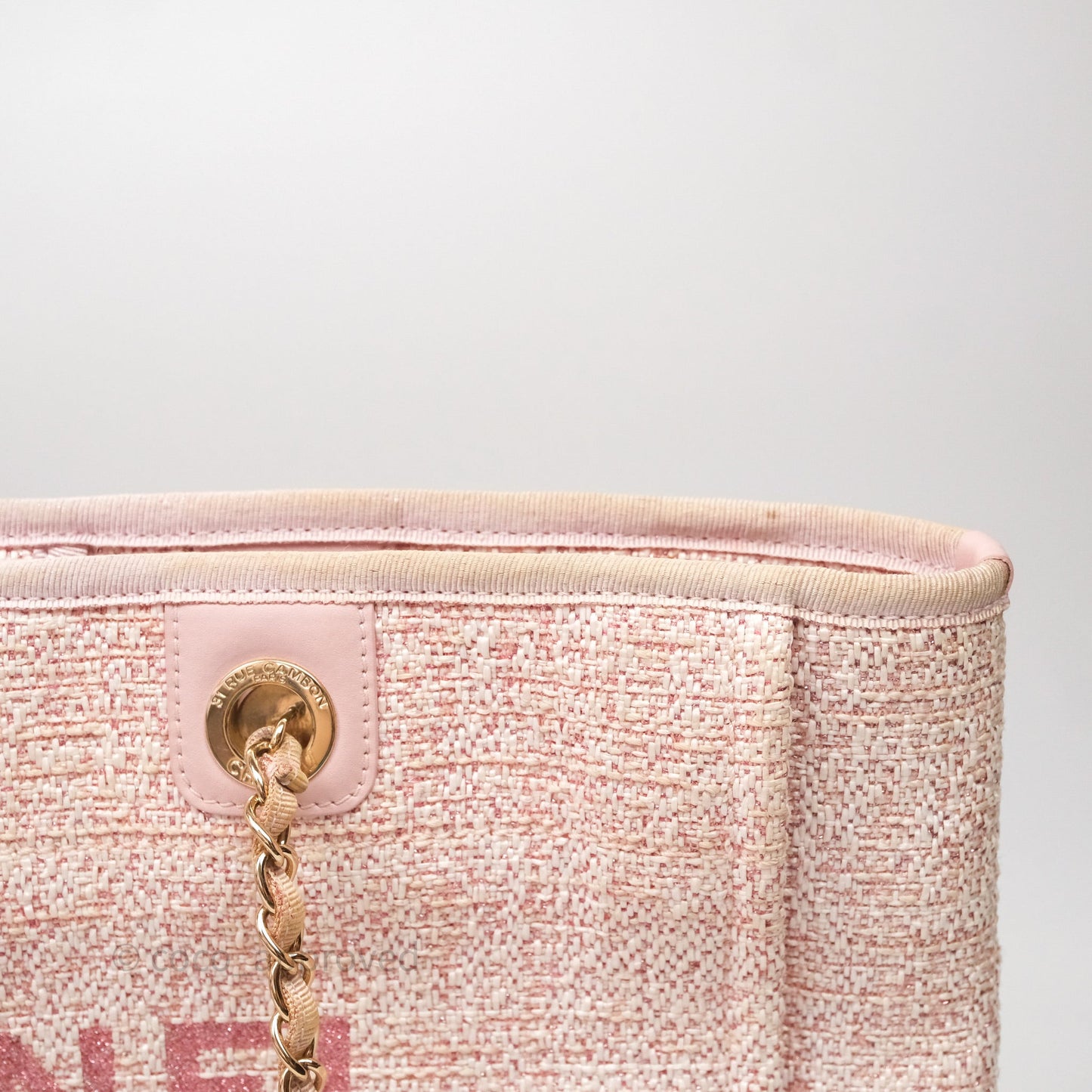 Chanel Medium Deauville Pink Glitter Raffia Gold Hardware