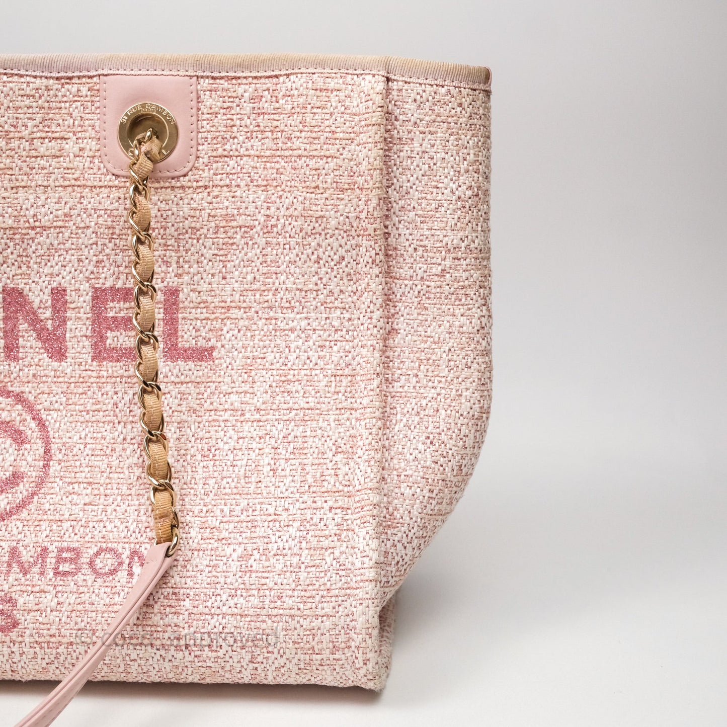 Chanel Medium Deauville Pink Glitter Raffia Gold Hardware