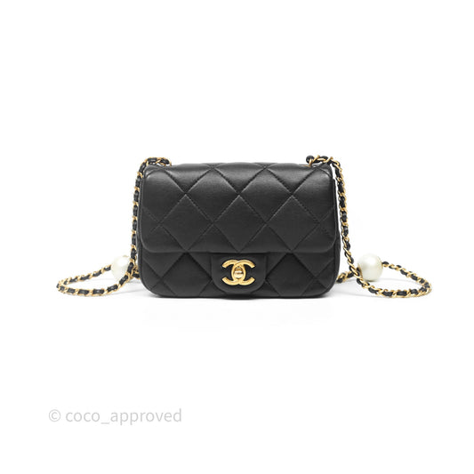 Chanel Mini Flap Bag With Pearl Black Lambskin Aged Gold Hardware