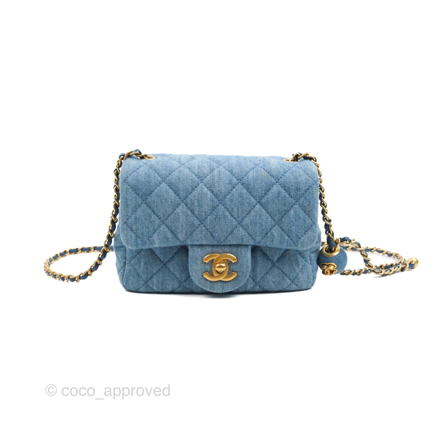 Chanel Mini Square Pearl Crush Quilted Denim Aged Gold Hardware
