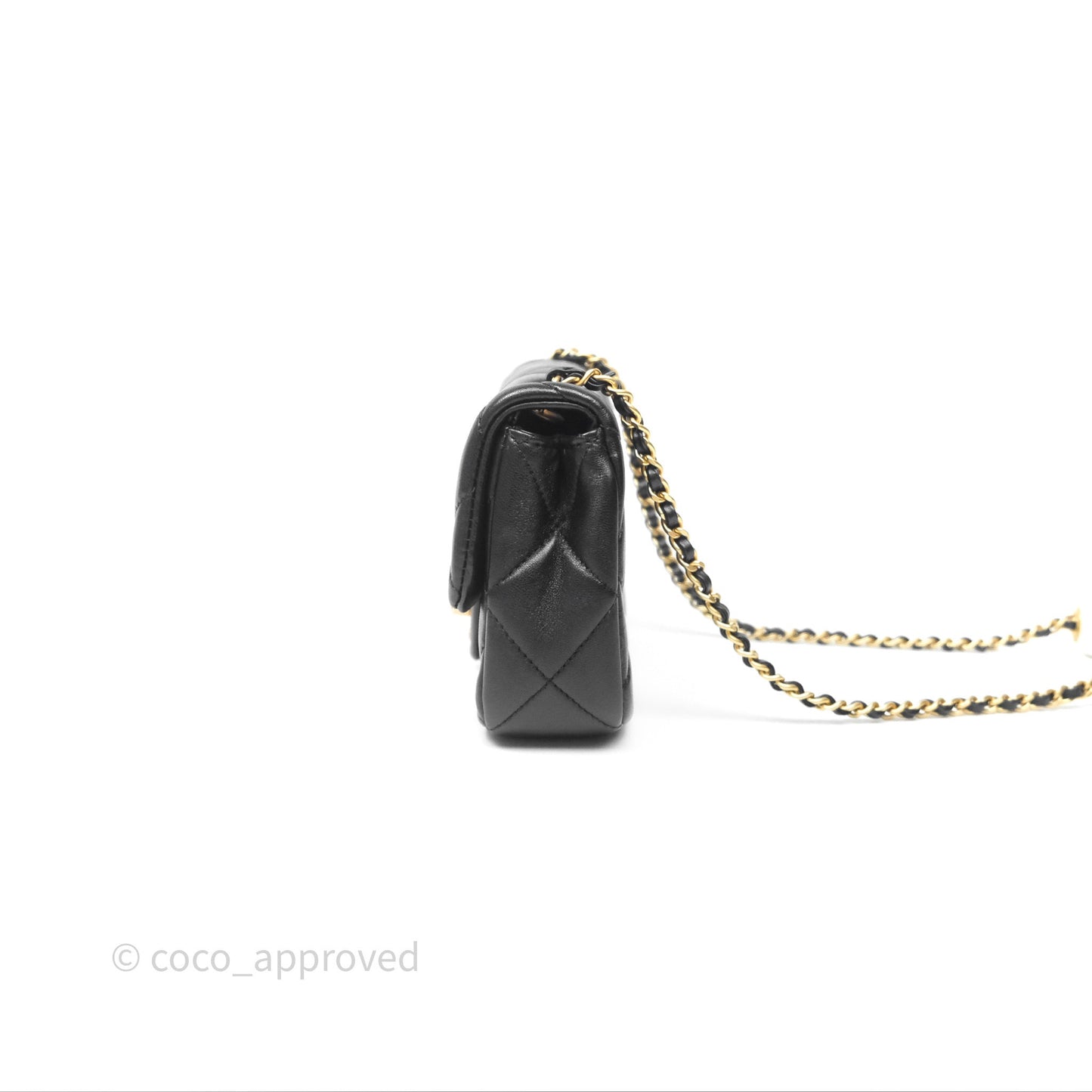 Chanel Mini Flap Bag With Pearl Black Lambskin Aged Gold Hardware