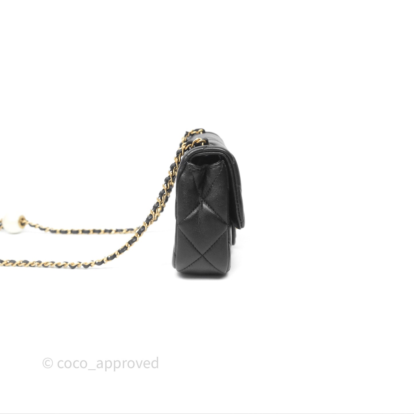 Chanel Mini Flap Bag With Pearl Black Lambskin Aged Gold Hardware