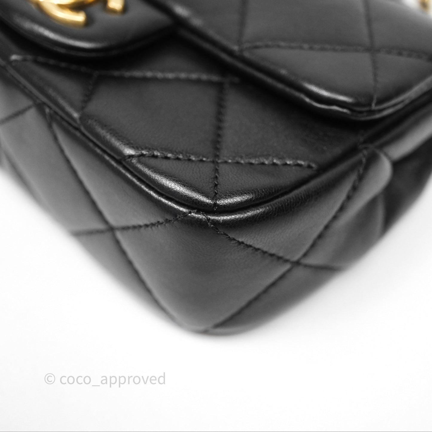 Chanel Mini Flap Bag With Pearl Black Lambskin Aged Gold Hardware