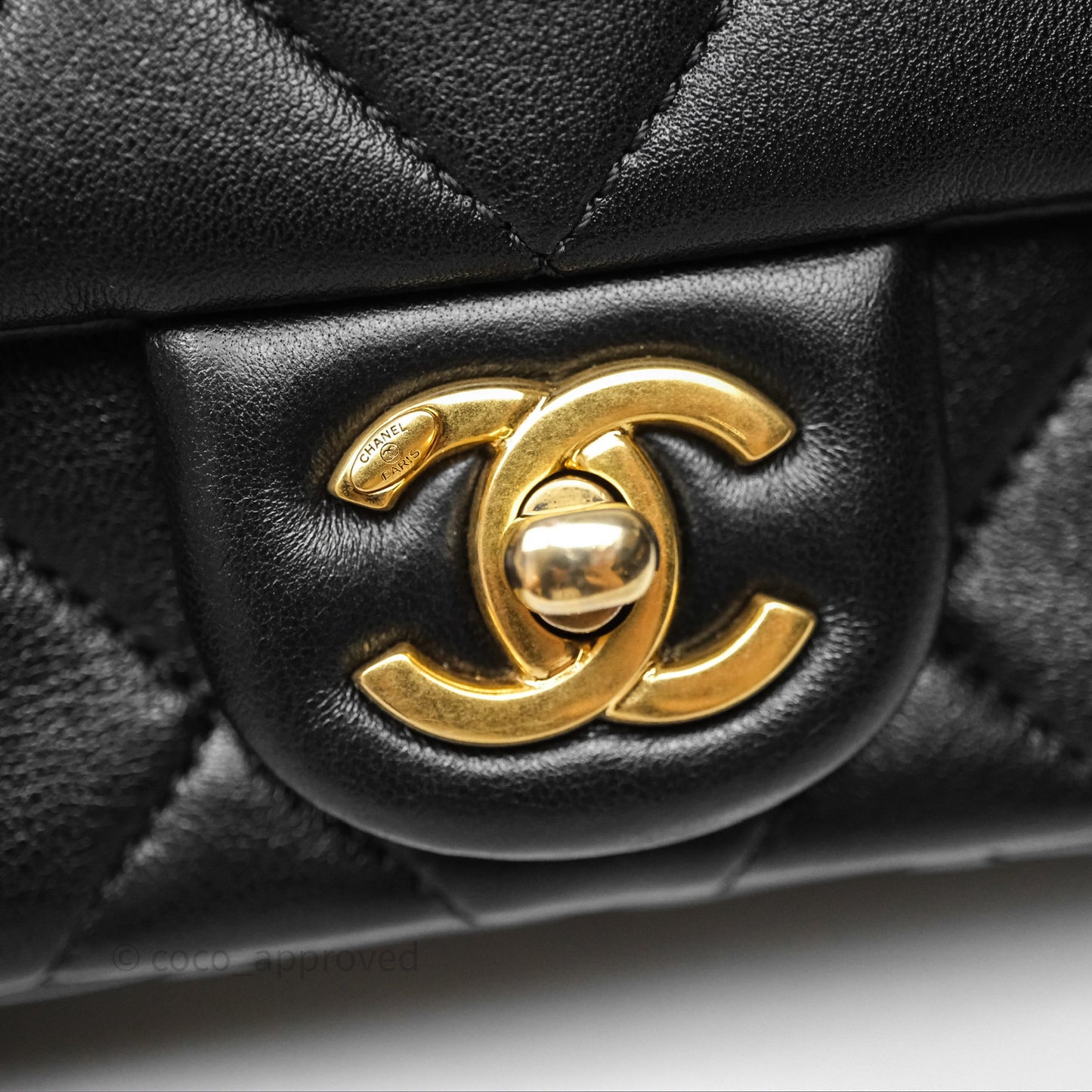 Chanel Mini Flap Bag With Pearl Black Lambskin Aged Gold Hardware