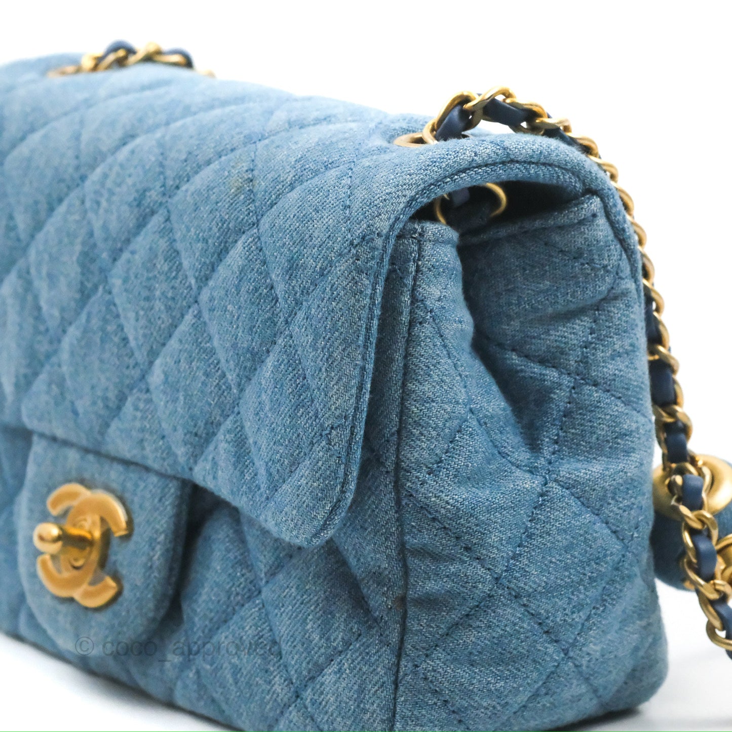 Chanel Mini Square Pearl Crush Quilted Denim Aged Gold Hardware
