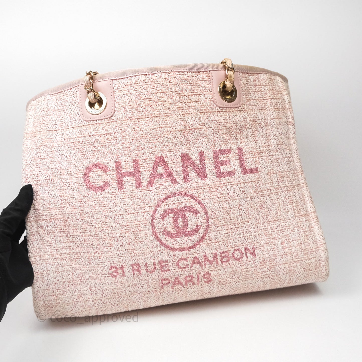 Chanel Medium Deauville Pink Glitter Raffia Gold Hardware