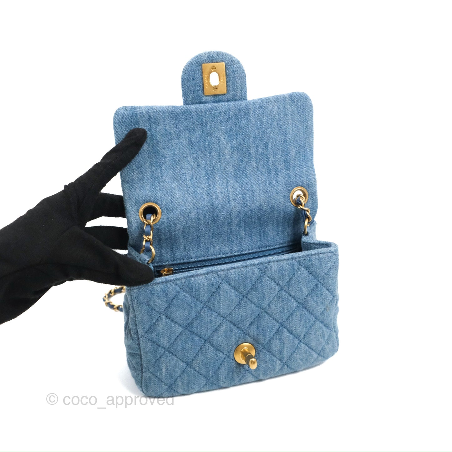 Chanel Mini Square Pearl Crush Quilted Denim Aged Gold Hardware