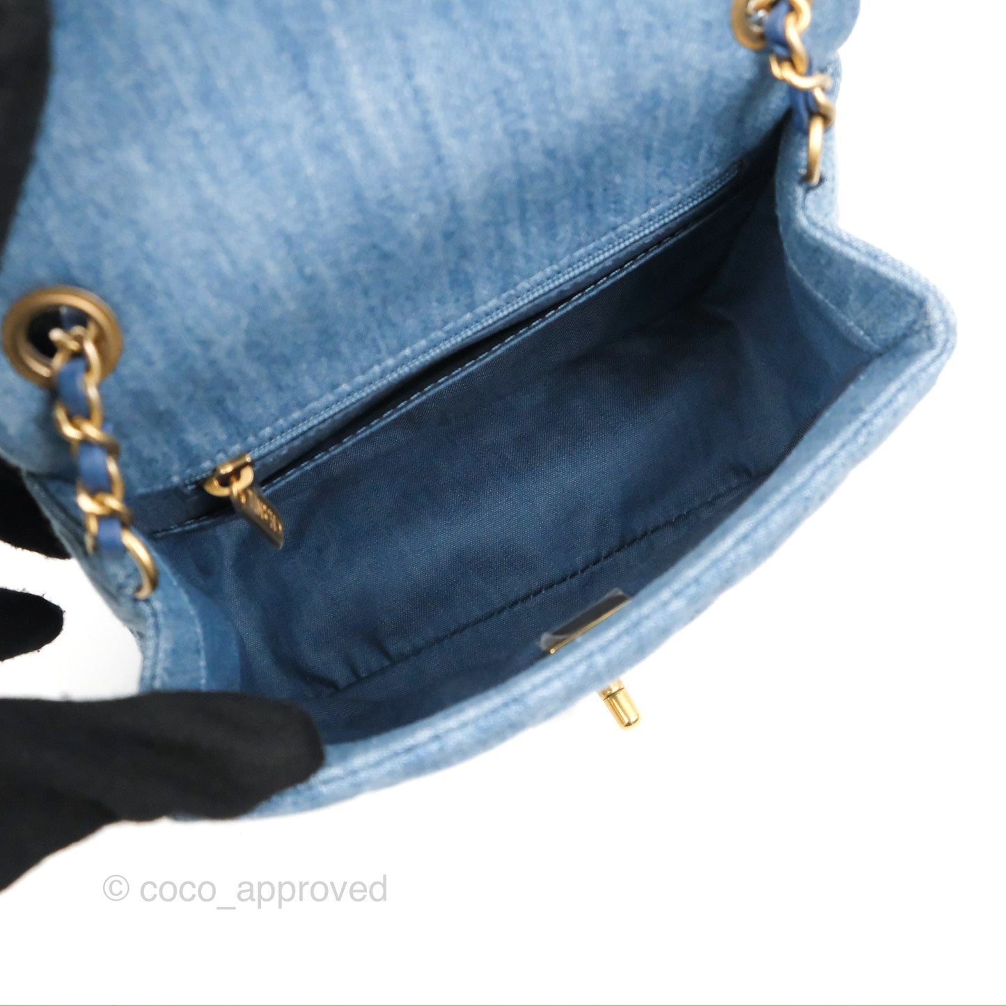Chanel Mini Square Pearl Crush Quilted Denim Aged Gold Hardware