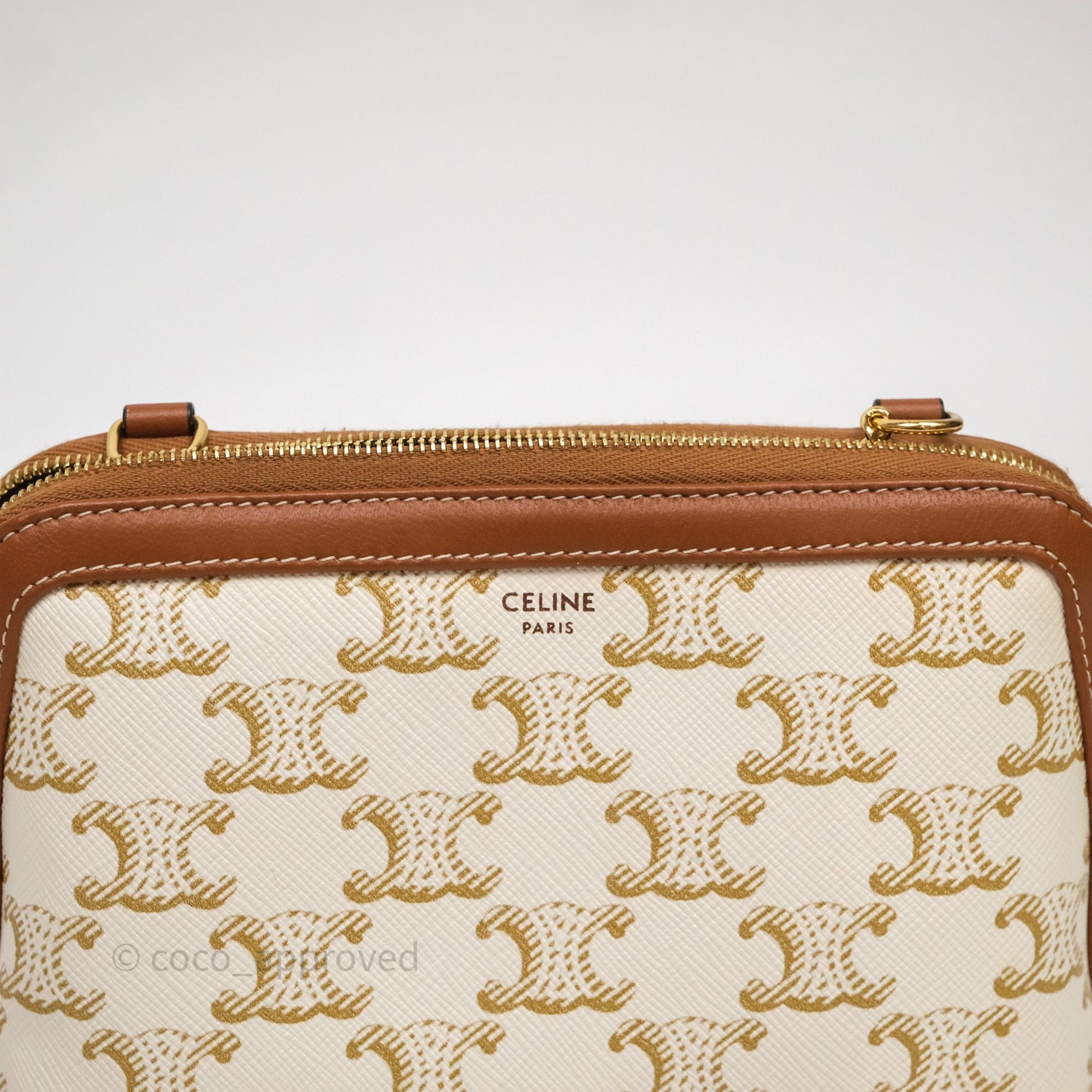 Celine Clutch With Chain Triomphe Canvas Lambskin White/Tan